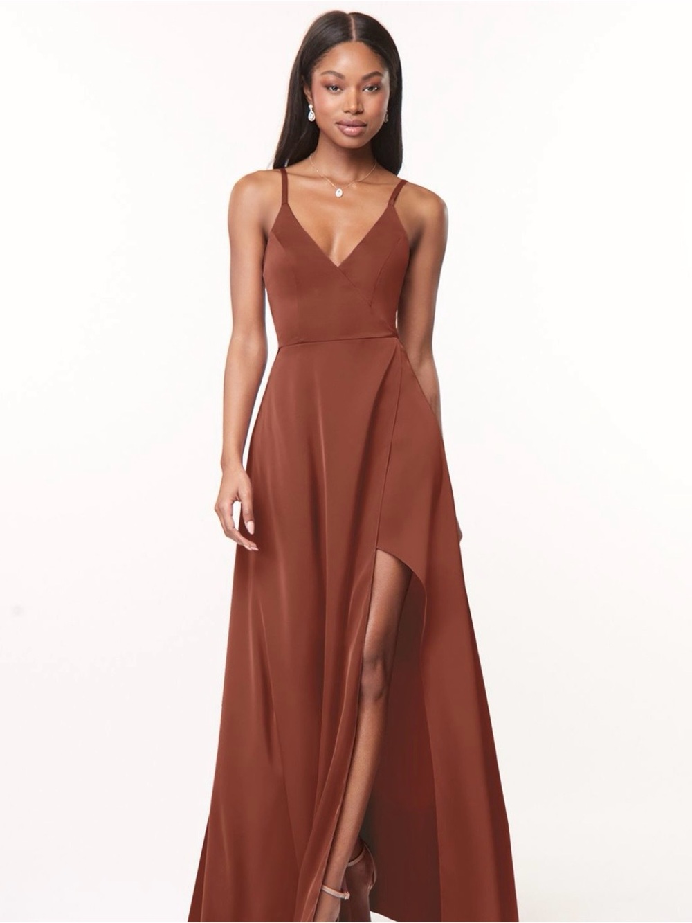 Auburn A-line V-neck stretch satin dress
